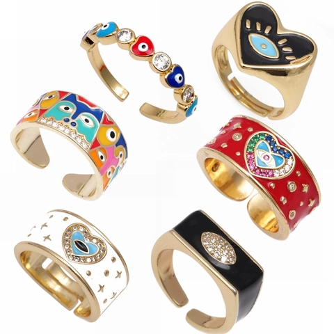 Westliche Mode Kupfer Böser Blick Verstellbare Ringe Emaille Herz Stern Zirkonia Eingelegt Gold Vergoldeter Schmuck Ring