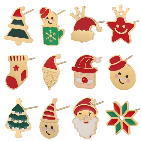 Christmas Stud Earrings Stainless Steel 14K Gold Plated Enamel Santa Claus Snowman Tree Holiday Jewelry For Women