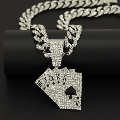Hip Hop Poker Royal Flush Hanger Ketting Iced Out Strass Legering Emaille Cubaanse Schakelketting Heren Sieraden