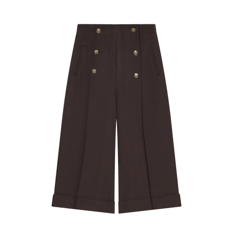Damen Cropped Hose Mit Hoher Taille Und Weitem Bein Zweireihige Goldene Knöpfe Lässige Polyesterhose Mit Umschlagsaum