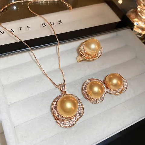 Vintage Golden Artificial Pearl Jewelry Necklace Ring And Earrings With Micro Pave Zircon Light Luxury Elegant For Women