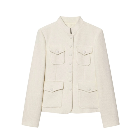 Γυναικείο Tweed Σακάκι Blazer Όρθιος Γιακάς Μακρυμάνικο Κομψό Με Κουμπιά Τσέπες Κρεμ Λευκό Ρούχο Γραφείου