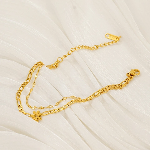 Double Layer Anklet 18K Gold Plated Titanium Steel Flower Pendant Figaro Cuban Chain Fashion Jewelry For Women