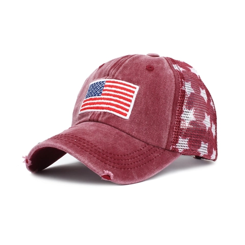 Cappello Da Baseball In Cotone Lavato Rete Ricamo Bandiera USA Foro Coda Di Cavallo Stile Retro Berretto Sole