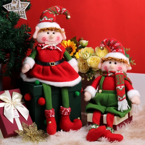 Christmas Elf Plush Doll Long Leg Sitting Elf Figurine With Bells Knit Hat Polyester For Home Holiday Decor