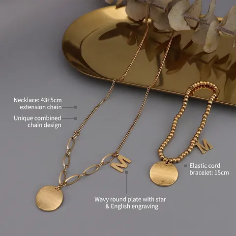 Collana E Bracciale In Acciaio Inossidabile Con Ciondolo Lettera M E Medaglia Rotonda Incisa Per Donna Moda Minimalista