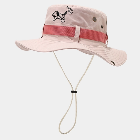 Women Sun Bucket Hat Polyester Quick Dry Cartoon Dog Embroidery Adjustable Wind Rope Foldable Wide Brim Outdoor Hiking
