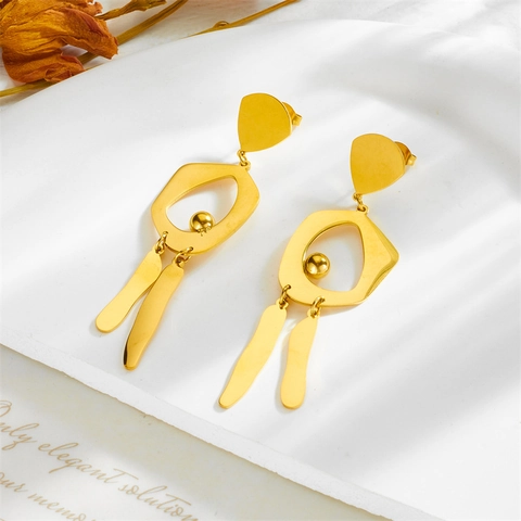 Geometric Drop Earrings Titanium Steel Irregular Round Tassel Dangle For Women Vintage Minimalist Style Gold Plated