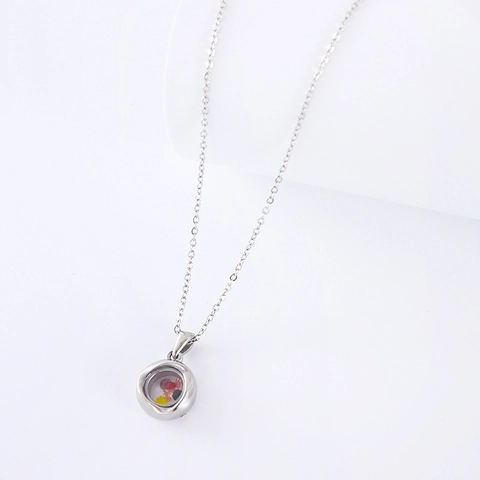 Floating Locket Necklace Round Glass Pendant With Colorful Floating Crystals 304 Stainless Steel Chain Jewelry For Women