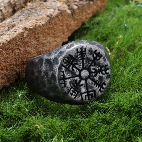 Viking Kompass Vegvisir Ring Edelstahl Retro Nordisch Hammerschlag Textur Punk Gothic Siegel Schmuck Für Herren Damen