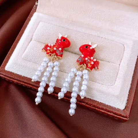 Pendientes De Borla De Esmalte De Caballo Rojo Con Poste De Pendiente De Plata De Ley 925 Perla Artificial De Imitación Estilo Chino