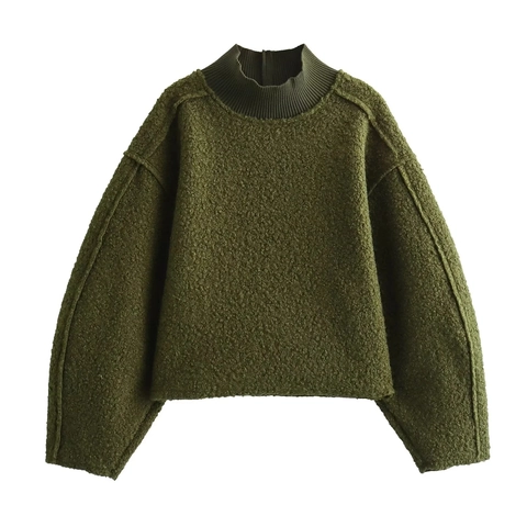 Maglione Donna Maglia Strutturata Collo Alto Vestibilità Ampia Maniche A Lanterna Casual Chic Morbido Caldo Top Tinta Unita