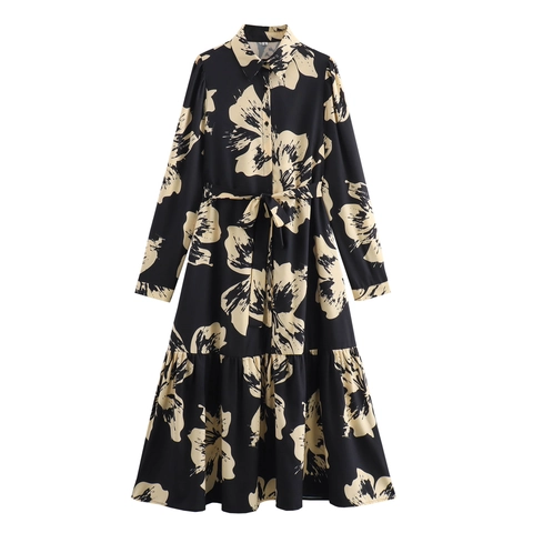 Women Long Sleeve Floral Print Shirt Dress Lapel Belted High Waist Elegant Commuter Style Maxi Dress