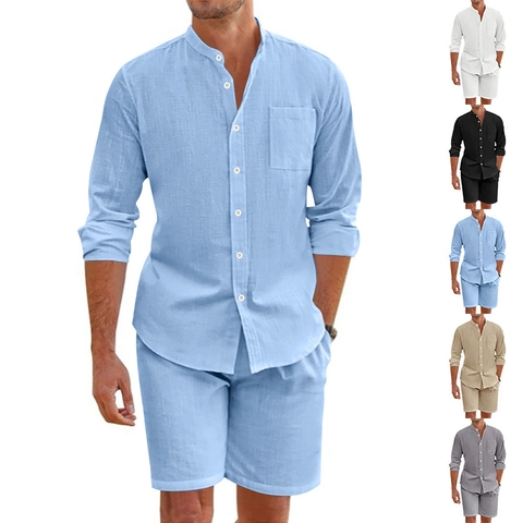 Ensemble Chemise Manches Longues Et Short Homme Coton Lin Plage Été Décontracté Col Officier Léger Respirant