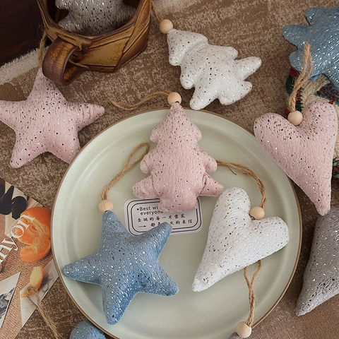 Christmas Tree Hanging Ornaments Plush Fabric Star Heart Pendants Wood Beads Hemp Rope Glitter Festive Holiday Decor