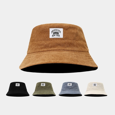 Cappello Da Pescatore In Velluto A Coste Rétro Patch Brooklyn Protezione Solare Cappello Casual Streetwear Uomo Donna