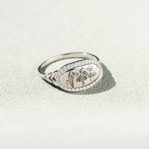 925 Sterling Silver Oval Ring With Engraved Wildflower And Zircon Halo Fashion Jewelry For Women