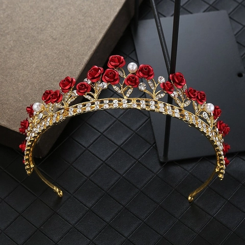 Corona Da Sposa Elegante Con Rosa Rossa Lega Dorata Strass Künstliche Perle Per Matrimonio Compleanno Accessori Per Donne Ragazze