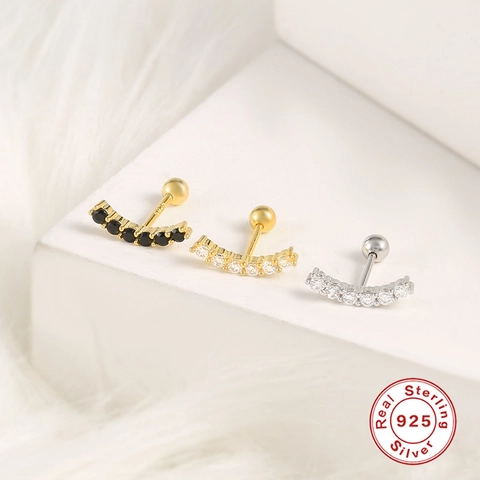 925 Sterling Silver Curved Row Zircon Stud Earrings Screw Ball Back Piercing Minimalist Trendy Jewelry For Women