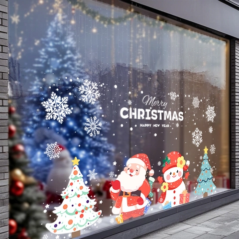 Christmas Window Stickers Static Cling PVC Double Sided Santa Snowman Tree Glass Door Holiday Decor