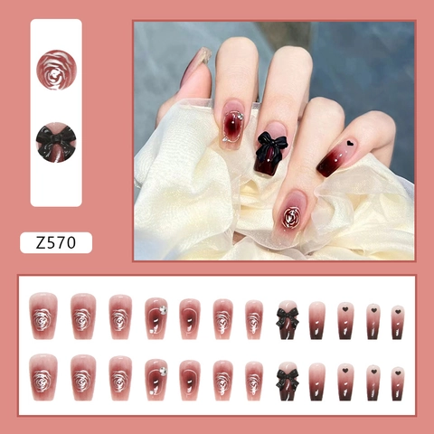 Press On Nails Wine Red Gradient Silver Rose Flower 3D Black Bow Heart Pattern Coffin Shape Elegant Manicure For Women