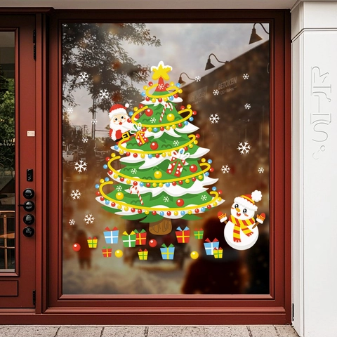 Christmas Window Stickers Electrostatic Static Cling PVC Santa Claus Snowman Christmas Tree Decals Reusable Holiday Decoration