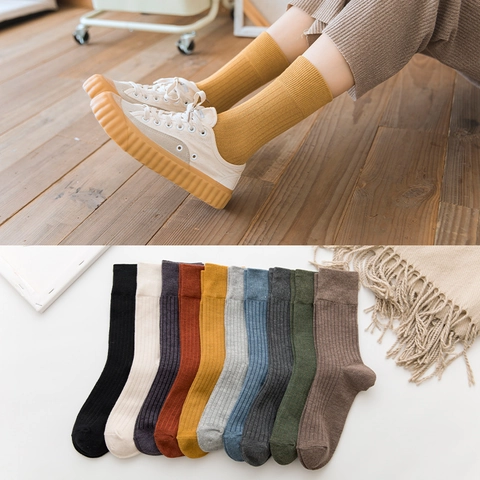 Calcetines De Algodón Acanalado Para Mujer Color Sólido Rayas Verticales Tubo Medio Estilo Japonés Preppy Suave Transpirable