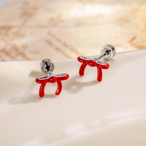 Red Bow Ear Cartilage Stud Titanium Steel Copper Enamel Screw Back Piercing Jewelry Vintage Elegant Accessories For Women