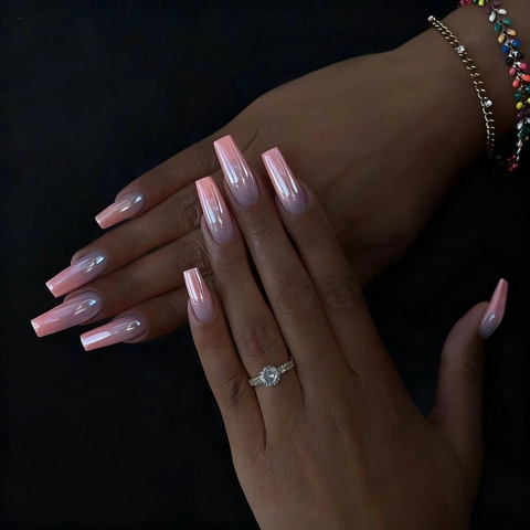 Lange Coffin Kunstnagels Gegalvaniseerd Ombre Roze Gradiënt Chroom Spiegel ABS Hoogglans Plaknagels Voor Vrouwen