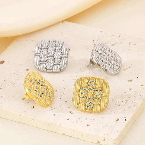 Square Stud Earrings Stainless Steel With Rhinestones Woven Texture Elegant Commuter Jewelry For Women