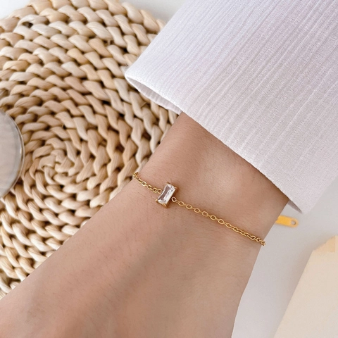 Women Titanium Steel Hollow Chain Bracelet Rectangular Round Zirconia Anklet Gold Plated Fashion Elegant Jewelry Gift