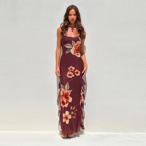 Sexy Damen Maxikleid Mit Blumendruck Netzstoff Spaghettiträger Hoher Schlitz Rückenfrei Bodycon Rüschen Urlaub