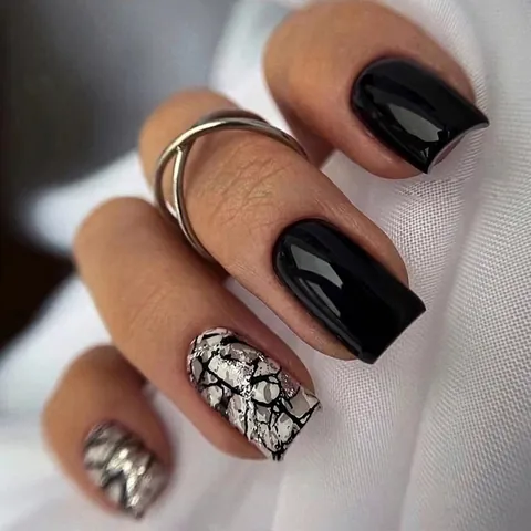 Black European Square Press On Nails Crackle Meteorite Pattern Glossy Mid-Length False Nails Manicure For Women