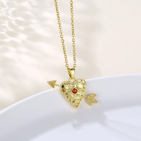 Herz Halskette Cupido Pfeil Anhänger Edelstahl Roter Zirkon Schlüsselbeinkette Verguld Schmuck Frauen Romantisch