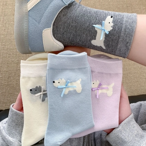 Damen Crew Socken Baumwolle Strick Atmungsaktiv Süße Welpen Stickerei 3D Schleife Koreanischer Stil Kawaii Mode