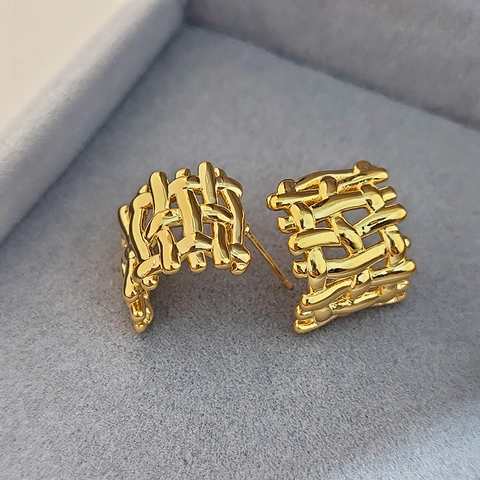 Minimalistische Gewebte Kupferohrringe Gold Silber Plattiert Geometrische Creolen Für Damen Täglicher Modeschmuck
