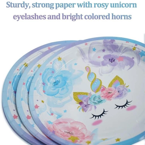 Unicorn Theme Party Tableware Disposable Paper Plates Cups Napkins And Straws Purple Floral Kids Birthday Decoration