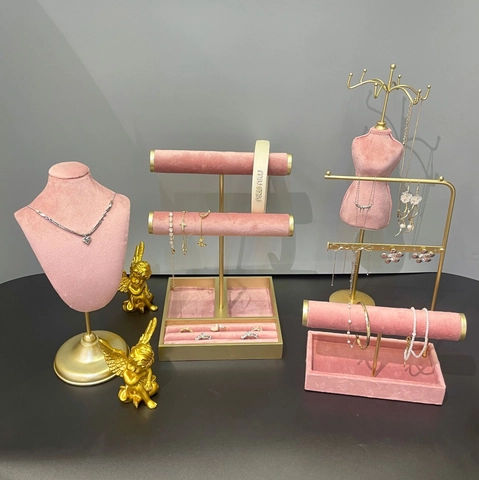 Jewelry Display Stand Pink Velvet Metal Necklace Bracelet Earring Organizer Holder Tray Mannequin Bust Storage Rack For Women