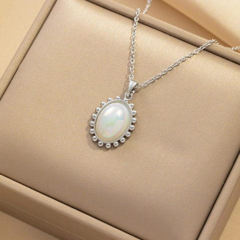 Collar Con Colgante Ovalado De Nácar Acero Inoxidable Concha Irisada Borde Perla Artificialdo Joyería Para Mujer
