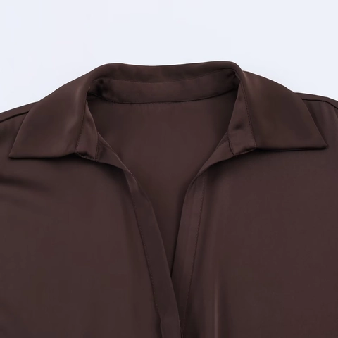 Elegant Satin Long Sleeve Blouse For Women Minimalist Solid Brown Shirt With Adjustable Tie Waist Belt Casual Lapel Collar Top