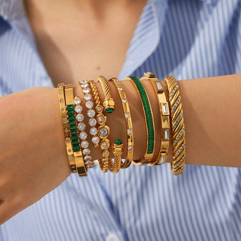 Brazalete de Acero Inoxidable Zircón para Mujer Dorado Impermeable Joyería de Moda Pulsera con Gema Verde