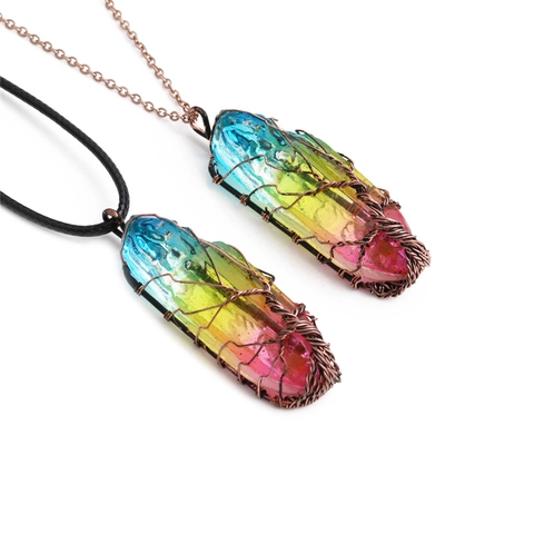 Collana Pendente Cristallo Albero Della Vita Avvolto In Filo Gioielli Pietra Arcobaleno Con Catena Inox E Cordino Cerato
