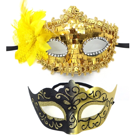 Vintage Gemaskerd Bal Masker Set Voor Koppels Valentijnsdag Feest Performance Lovertjes Veer Masker Met Strass Geschilderd Half Gezichtsmasker