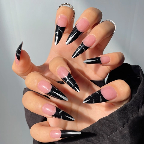Unghie Finte Lunghe Stiletto Press On Punta Francese Nera Linee Glitter Argento Base Rosa Alla Moda