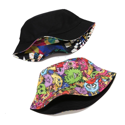 Double Sided Bucket Hat Polycotton Sun Protection Outdoor Tie Dye Cartoon Print Fisherman Cap Unisex Foldable