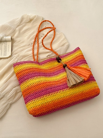 Straw Woven Tote Bag Large Capacity Rainbow Striped Beach Vacation Shoulder Bag With Tassel Wood Beads For Women