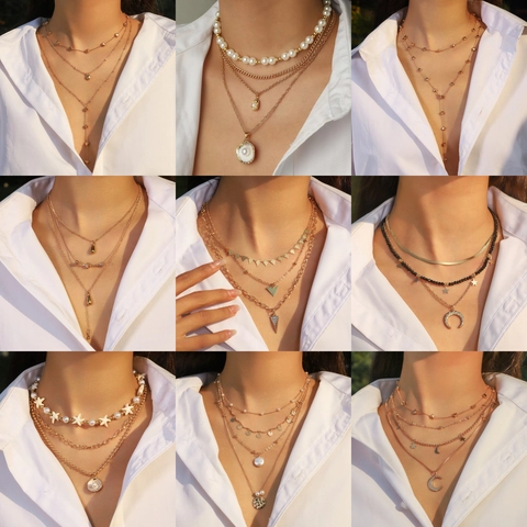 Collana Multistrato Oro Argento Lega Perla Artificial Sintetica Stella Marina Luna Stella Ciondolo Gioielli Moda Donna