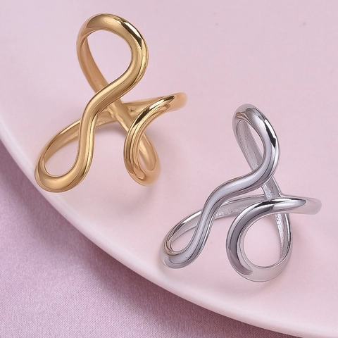 Irregular Curved Line Ring 304 Stainless Steel 18K Gold Plated Adjustable Open Minimalist Abstract Jewelry For Women