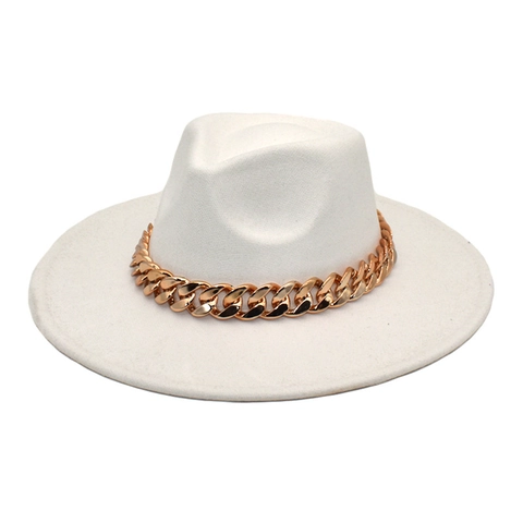 Wide Brim Fedora Hat Woolen Felt Jazz Cap With Gold Chain Decoration Solid Color Fashion Accessory For Men Women