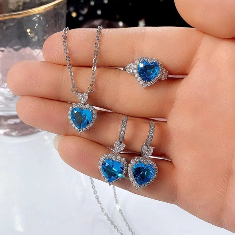 Herzform Kupfer Zirkonia Schmuck Halskette Ohrringe Ring Für Damen Prinzessin Stil Funkelnd Elegant Geschenk